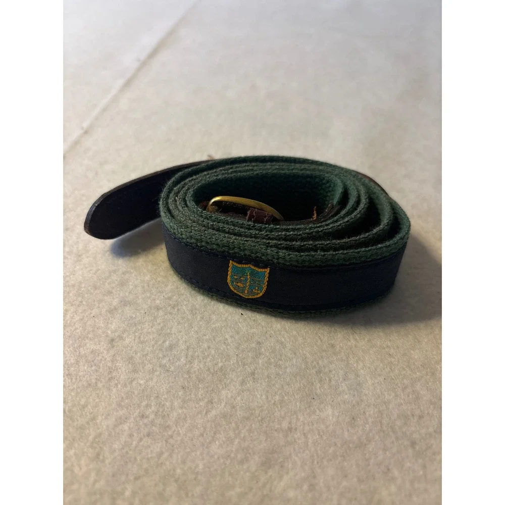 Unbranded Crest Ribbon Canvas Belt Mens 40 Green Navy‎ Brass Buckle Good Preppy